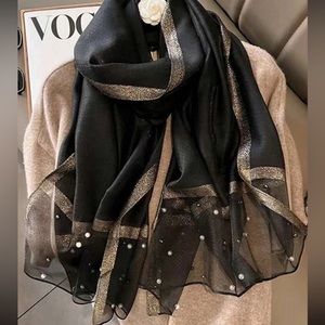 🥀 Black Silky Faux Pearl with a Hint of Gold Accent Scarf/Shawl/Head Wrap